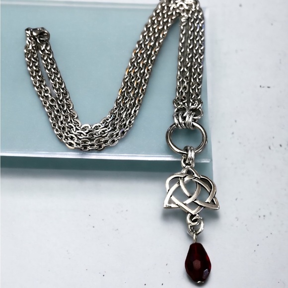 Double chain necklace celtic heart knot & dangly red crystal goth boho silver - Picture 2 of 11